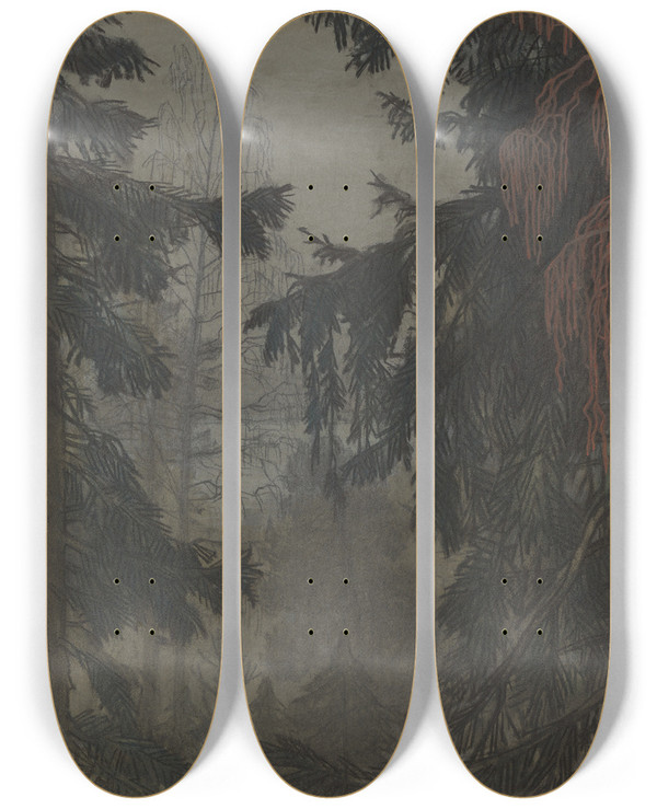 Triptych art skateboard deck of Gza Marti Trees Athvittrask by Geza Maroti (1875-1941)