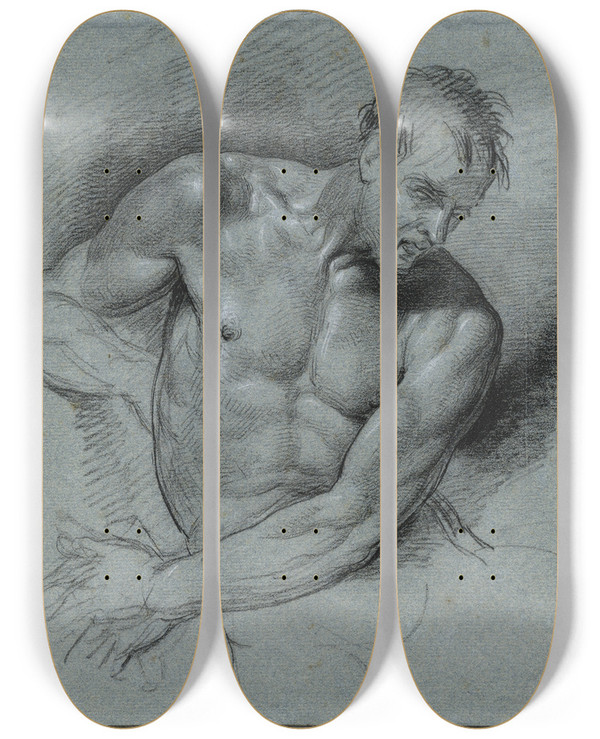 Triptych art skateboard deck of David Humbert De Superville Zittend Mannelijk Naakt Halffiguur by David Humbert De Superville (1770-1849)