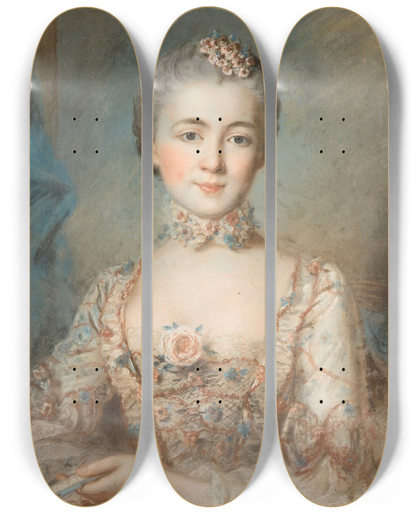 Triptych art skateboard deck of French School Portrait Of A Woman In A Floral Dress by French School (16-19-)