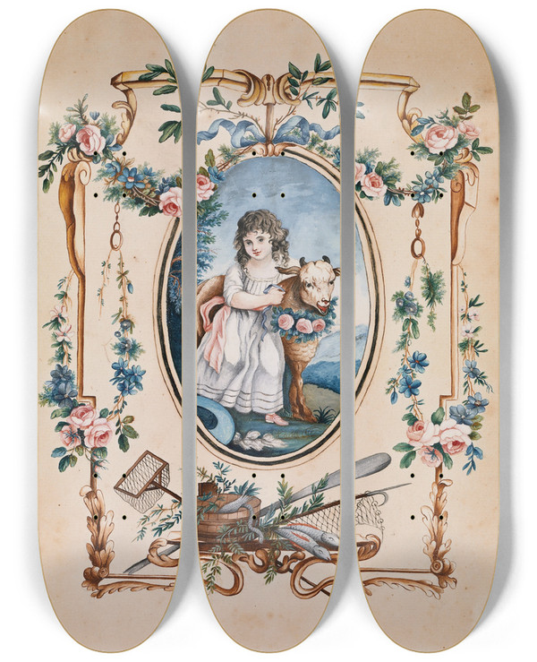 Triptych art skateboard deck of Jeanbaptiste Huet Little Shepherdess With Lamb by Jean-Baptiste Huet (1745-1811)