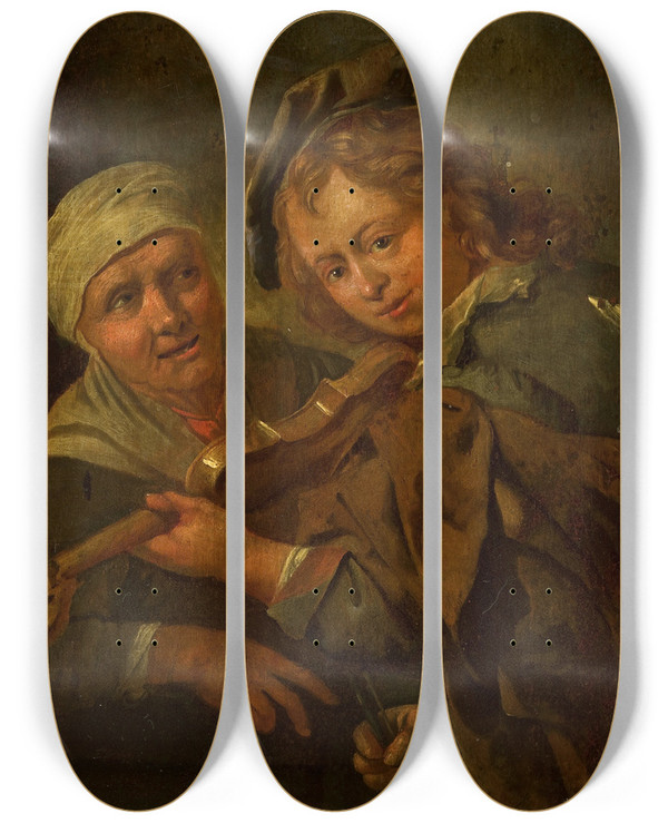 Triptych art skateboard deck of Jacob Toorenvliet Fiddler by Jacob Toorenvliet (1640-1719)
