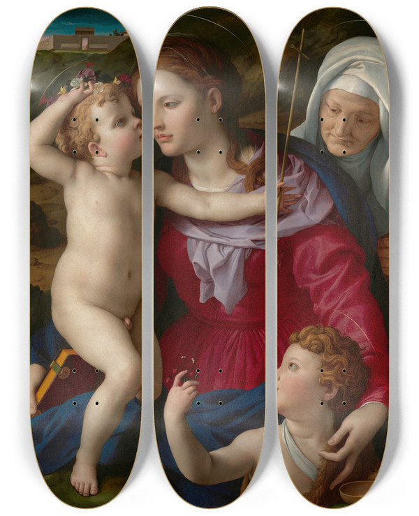 Triptych art skateboard deck of Agnolo Bronzino Virgin And Child With Saint Elizabeth And Saint John The Baptist by Agnolo Bronzino (1503-1572)