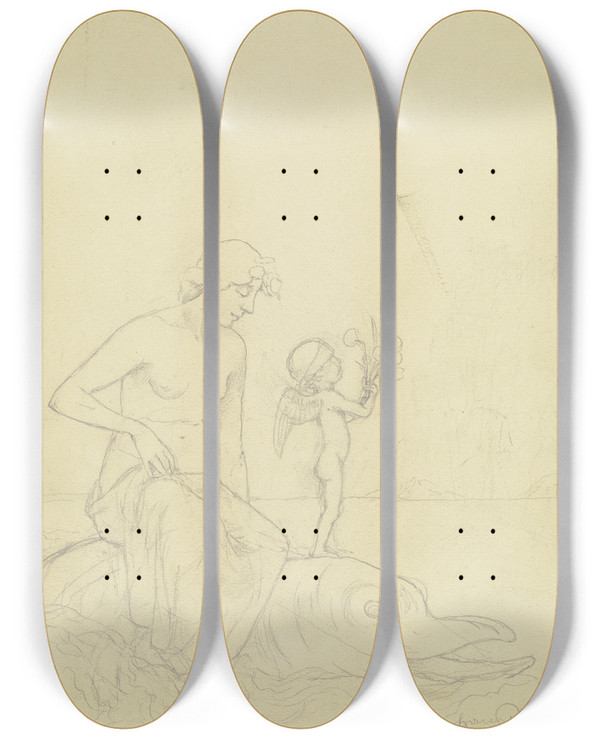 Triptych art skateboard deck of Hans Thoma Venus Auf Dem Delphin Mdchen Mit Amor Auf Einem Delphin Reitend by Hans Thoma (1839-1924)