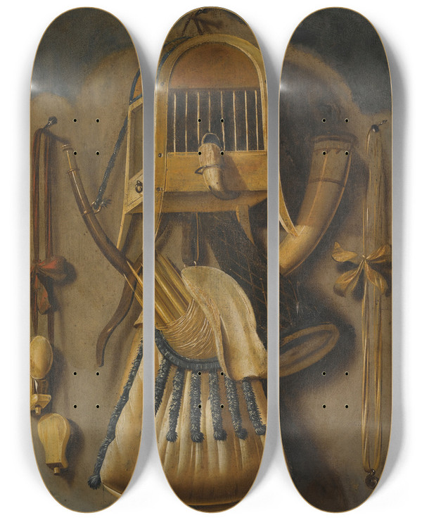 Triptych art skateboard deck of Johannes Leemans A Trompe Loeil Still Life With A Bird Cage A Hunting Horn A Bird Whistle And Other Hunting Implements Hanging On A Wall by Johannes Leemans (1633-1688)