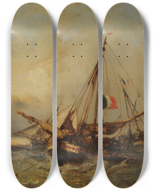 Triptych art skateboard deck of Eugne Isabey Marina by Eugene Isabey (1803-1886)