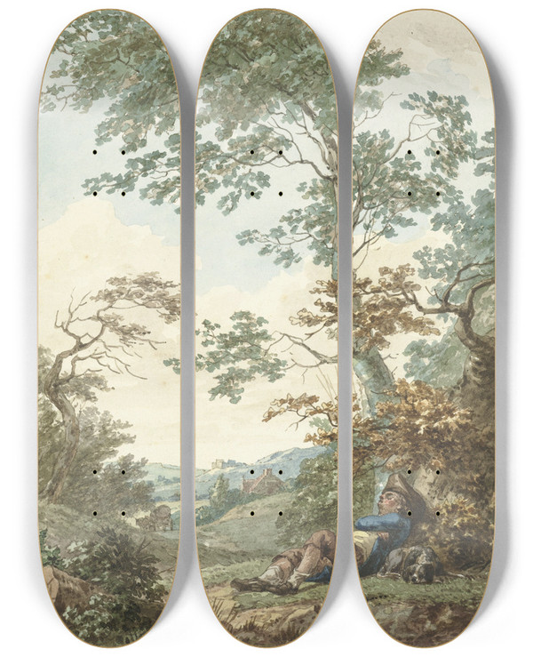 Triptych art skateboard deck of Hermanus Numan Slapende Man Met Hond Onder Een Boom by Hermanus Numan (1744-1820)