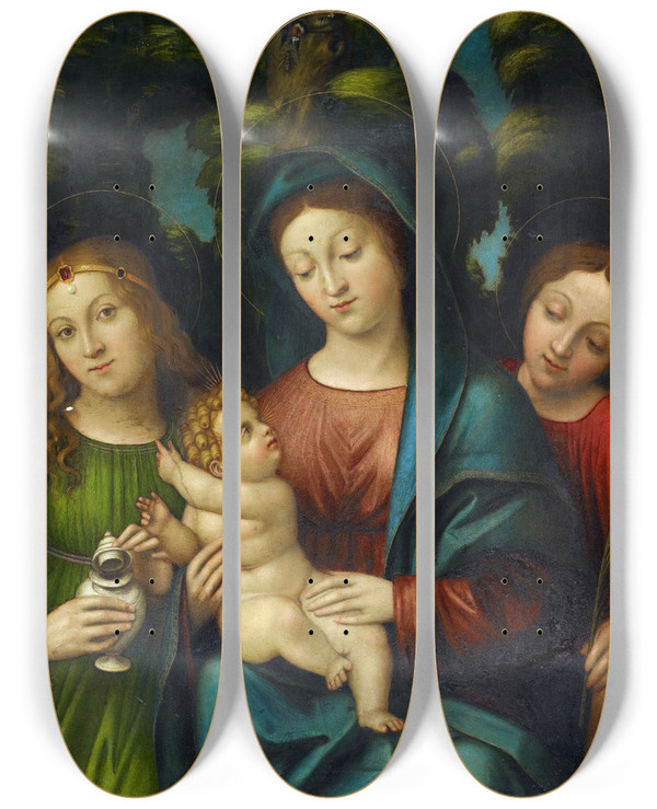 Triptych art skateboard deck of Giovanni Francesco Caroto The Virgin With Child And The Saints Magdalene And Catherine by Giovanni Francesco Caroto (1480-1555)