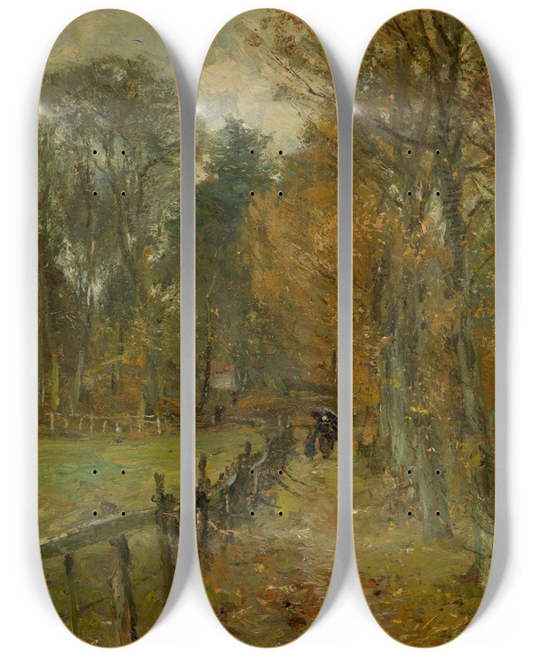 Triptych art skateboard deck of Franz Courtens The Side Of The Meadow by Franz Courtens (1854-1943)