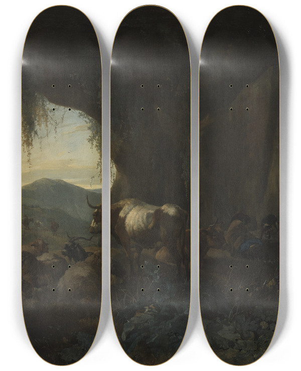 Triptych art skateboard deck of Willem Romeyn A Shepherd And Cattle In A Cave_2 by Willem Romeyn (1624-1694)