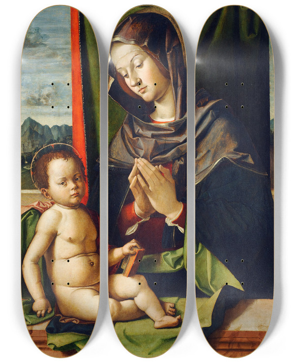 Triptych art skateboard deck of Bartolomeo Montagna Virgin Adoring The Child by Bartolomeo Montagna (1449-1523)