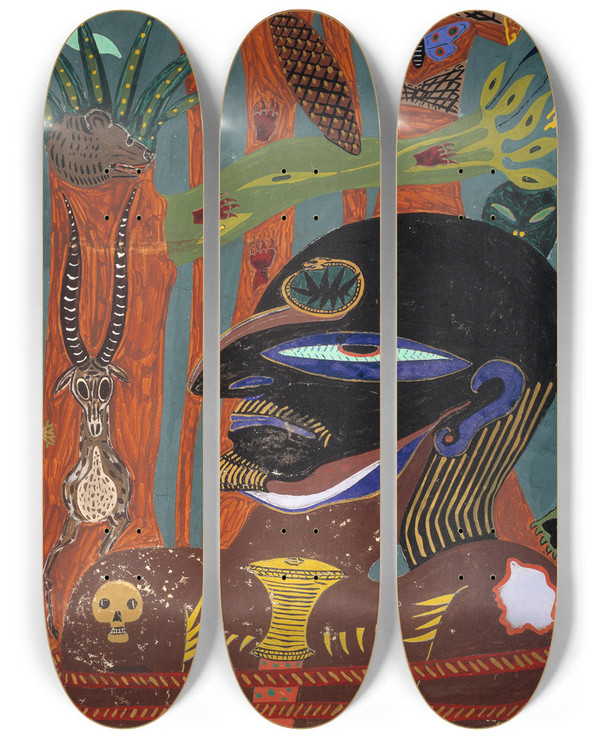 Triptych art skateboard deck of Gustaf Munchpetersen Jgerens Je by Gustaf Munch Petersen (1912-1938)