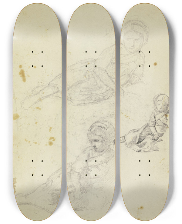 Triptych art skateboard deck of Jakob Becker Studienblatt Lagerndes Bauernmdchen by Jakob Becker (1810-1872)