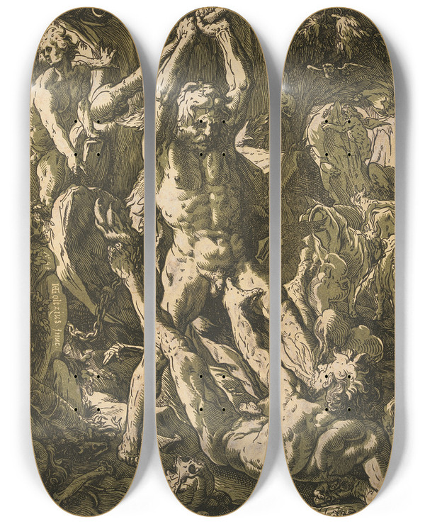 Triptych art skateboard deck of Hendrick Goltzius Hercules Slaying Cacus by Hendrick Goltzius (1558-1617)