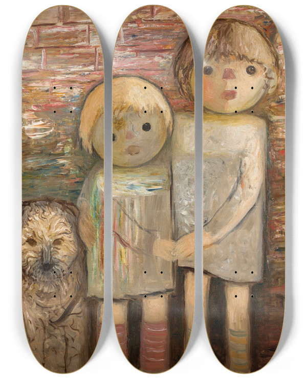 Triptych art skateboard deck of Tadeusz Makowski Two Children With A Dog by Tadeusz Makowski (1882-1932)