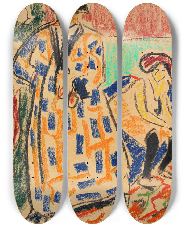 Triptych art skateboard deck of Ernst Ludwig Kirchner Selbstbildnis Mit Modell by Ernst Ludwig Kirchner (1880-1938)