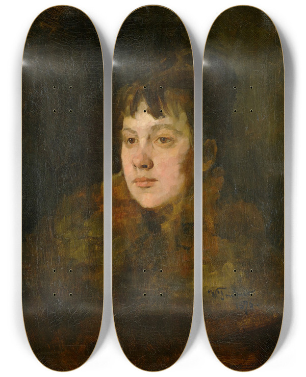 Triptych art skateboard deck of Wilhelm Trbner Portrait Of A Lady In Fur by Wilhelm Trubner (1851-1917)