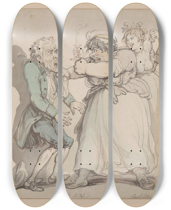 Triptych art skateboard deck of Thomas Rowlandson A Bull Bitch by Thomas Rowlandson (1756-1827)