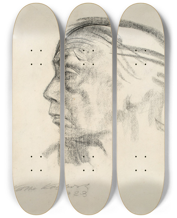 Triptych art skateboard deck of Kthe Kollwitz Selbstbildnis Im Profil Nach Links by Kthe Kollwitz (1867-1945)