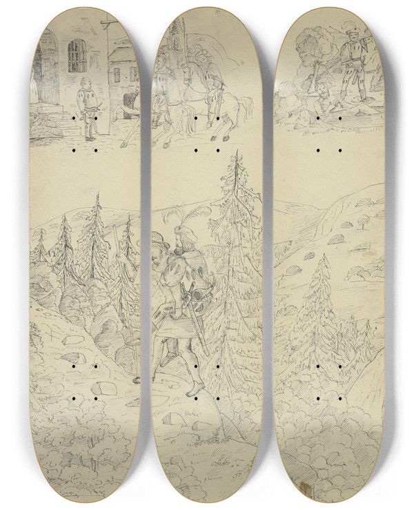 Triptych art skateboard deck of Victor Mller Knight Scene by Victor Muller (1829-1871)
