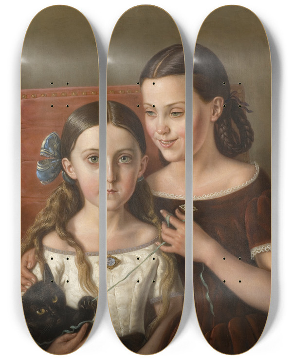 Triptych art skateboard deck of Carl Peter Mazer Sigrid And Anna Mazr Nieces Of The Artist by Carl Peter Mazer (1807-1884)