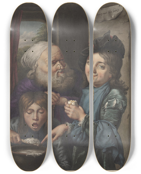 Triptych art skateboard deck of Louis Henri De Fontenay Elk Zijn Meug After Godfried Schalcken by Louis Henri De Fontenay (1800-1852)