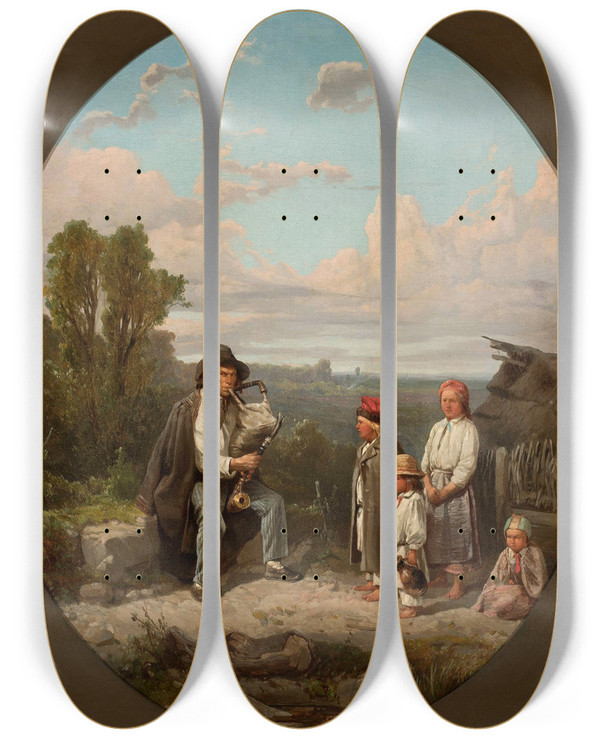 Triptych art skateboard deck of Jzef Szermentowski Bagpipe Player by Jozef Szermentowski (1833-1876)