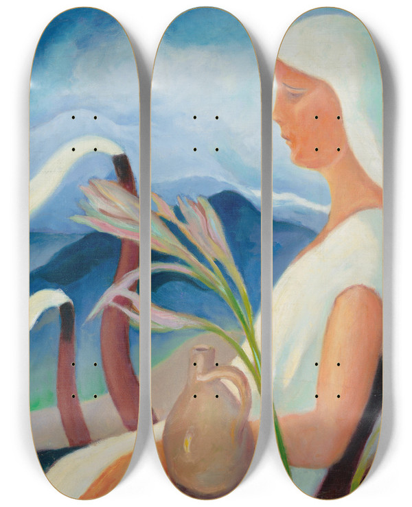 Triptych art skateboard deck of Zolo Palugyay Girl In White With Factory Chimneys And Flowers by Zolo Palugyay (1898-1935)