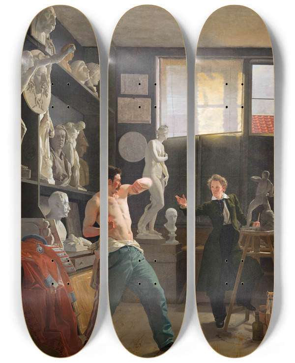 Triptych art skateboard deck of Wilhelm Bendz A Sculptor In His Studio Working From The Life by Wilhelm Bendz (1804-1832)
