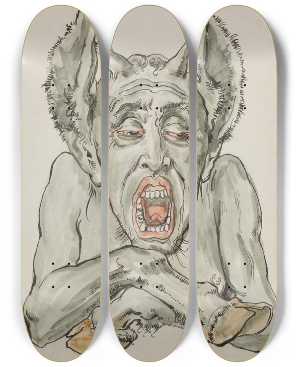 Triptych art skateboard deck of Jan Matejko Bust Of The Devil With An Open Mouth by Jan Matejko (1838-1893)