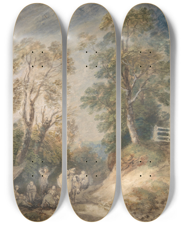Triptych art skateboard deck of Thomas Gainsborough Country Lane With Gypsies Resting by Thomas Gainsborough (1727-1788)