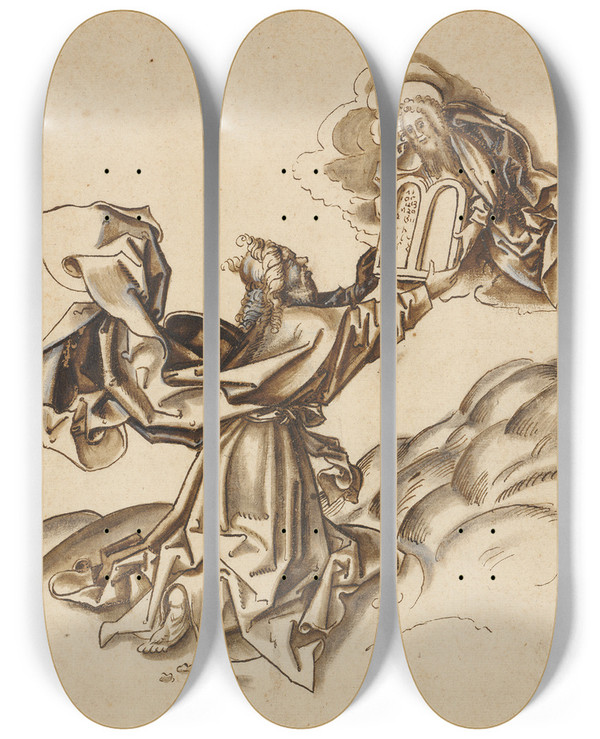 Triptych art skateboard deck of Workshop Of Hans Holbein The Elder Moses Receives The Tablets Of The Law by Workshop of Hans Holbein the elder (1460-1524)
