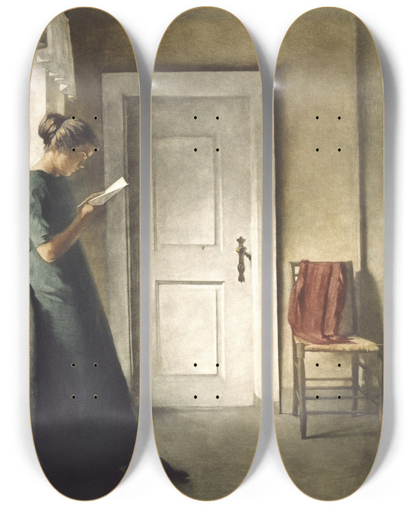 Triptych art skateboard deck of Peter Ilsted Interir Med Et Rdt Sjal by Peter Ilsted (1861-1933)