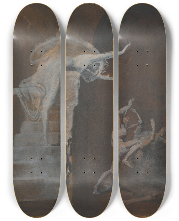 Triptych art skateboard deck of Henry Fuseli Ariadne Watching The Struggle Of Theseus With The Minotaur by Henry Fuseli (1741-1825)