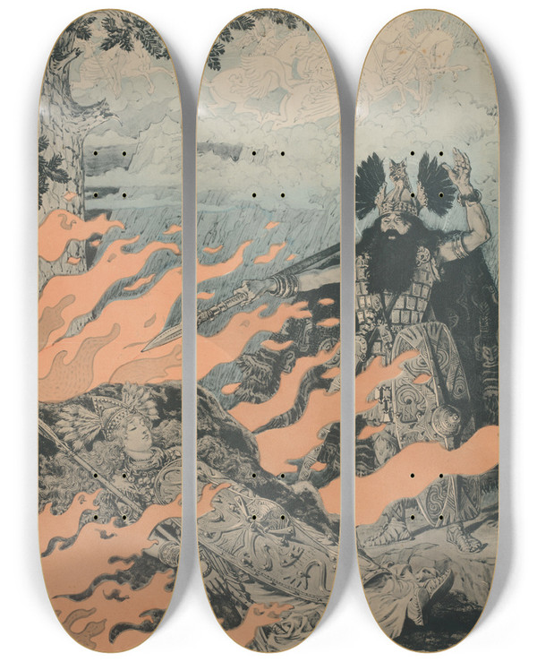 Triptych art skateboard deck of Eugne Grasset Affiche Voor Die Walkre Van Richard Wagner by Eugene Grasset (1841-1917)