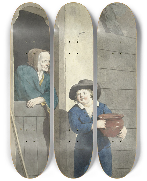 Triptych art skateboard deck of W Barthautz Jongen Met Een Pot Bij Een Vrouw Leunend Op Een Onderdeur by W Barthautz (18-19-)