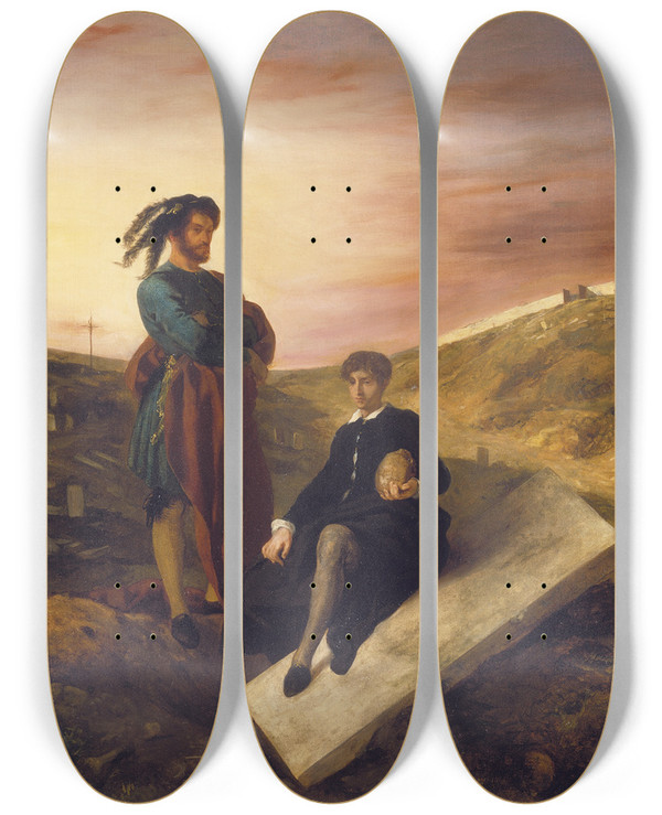 Triptych art skateboard deck of Eugne Delacroix Hamlet And Horatio At The Cemetery_2 by Eugene Delacroix (1798-1863)