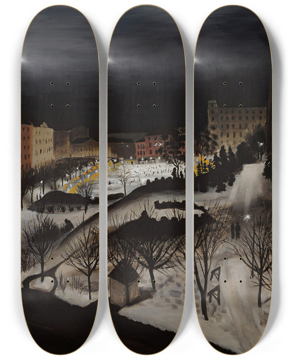 Triptych art skateboard deck of Sulho Sipil The Skating Rink by Sulho Sipila (1895-1949)
