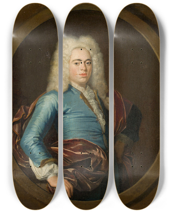 Triptych art skateboard deck of Krzysztof Lubieniecki Portrait Of A Young Man In A Wig by Krzysztof Lubieniecki (1659-1729)