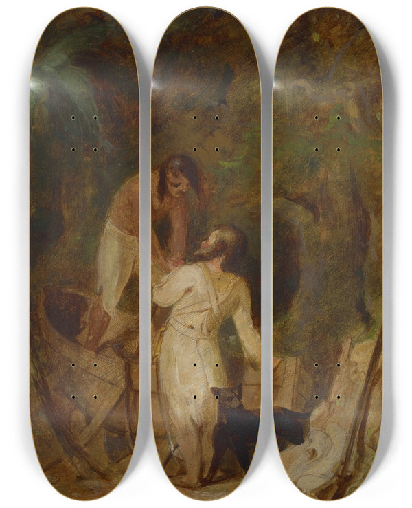 Triptych art skateboard deck of Thomas Sully Boat Building By Robinson Crusoe And Friday by Thomas Sully (1783-1872)