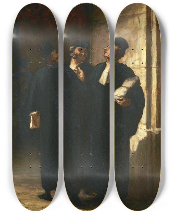 Triptych art skateboard deck of Honor Daumier Three Lawyers by Honore Daumier (1808-1879)