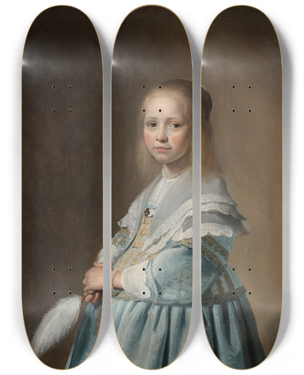 Triptych art skateboard deck of Johannes Cornelisz Verspronck Portrait Of A Girl Dressed In Blue by Johannes Cornelisz Verspronck (1600-1662)