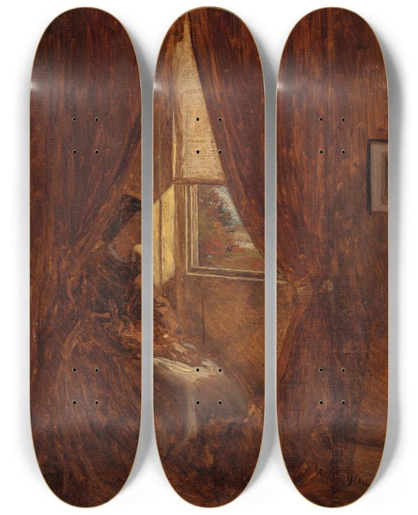 Triptych art skateboard deck of William John Hennessy By The Window by William John Hennessy (1839-1917)