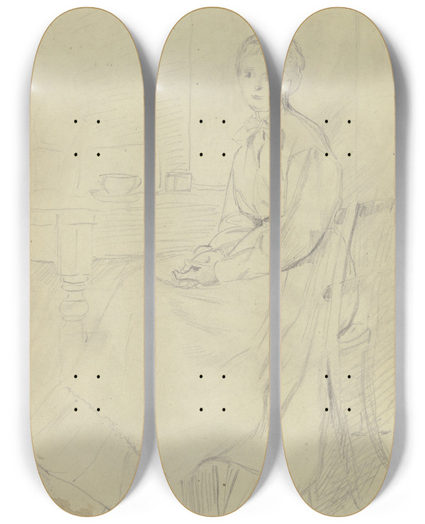 Triptych art skateboard deck of Otto Scholderer Luise Scholderer Am Tisch Sitzend_1 by Otto Scholderer (1834-1902)