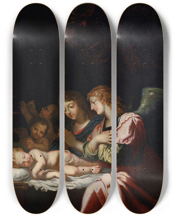 Triptych art skateboard deck of Jacques Stella The Adoration Of The Angels by Jacques Stella (1596-1657)