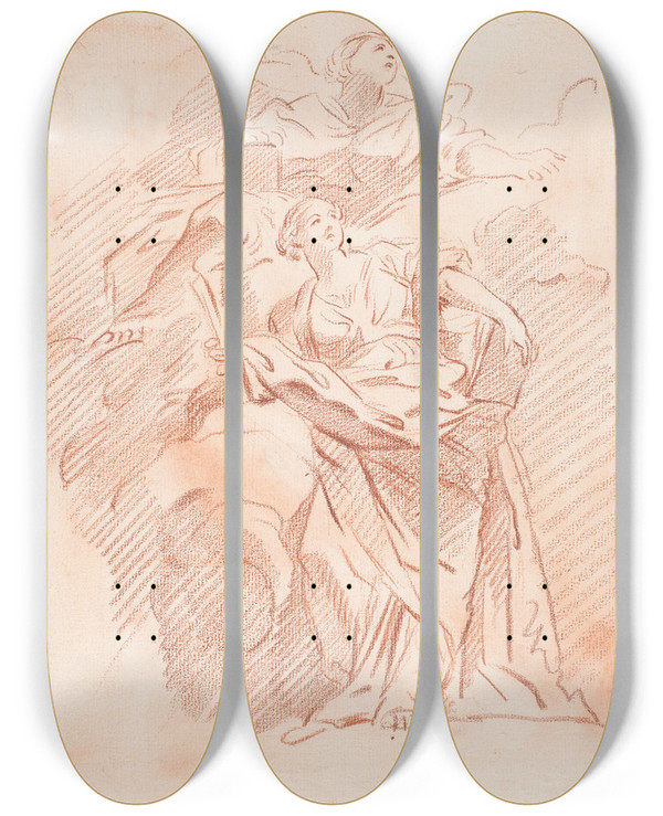 Triptych art skateboard deck of Hendrik Krock To Kvindeskikkelser by Hendrik Krock (1671-1738)