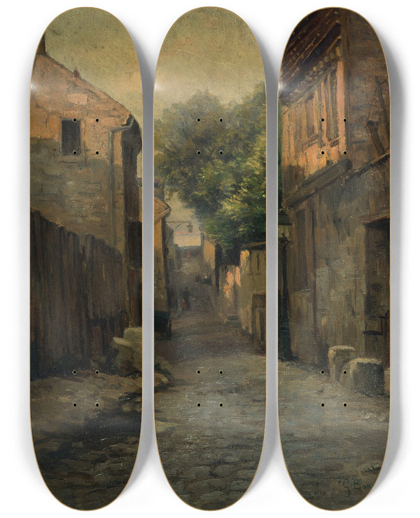 Triptych art skateboard deck of Germain Eugne Bonneton La Rue De La Fontainemulard Place De Rungis by Germain Eugene Bonneton (1874-1915)