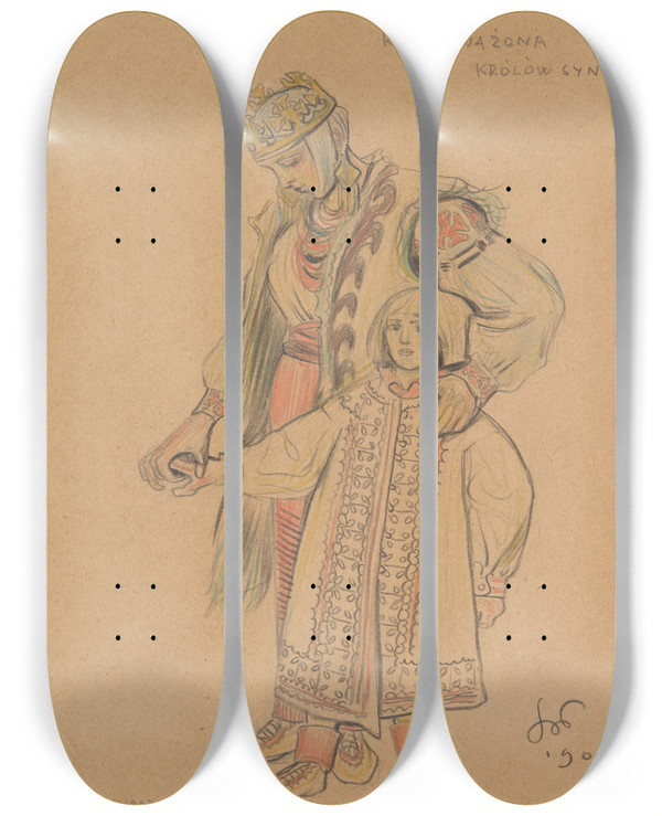 Triptych art skateboard deck of Stanisaw Wyspiaski Krlowa Ona Krlw Syn Projekt Kostiumu Do Dramatu Bolesaw Miay Akt Drugi by Stanislaw Wyspianski (1869-1907)