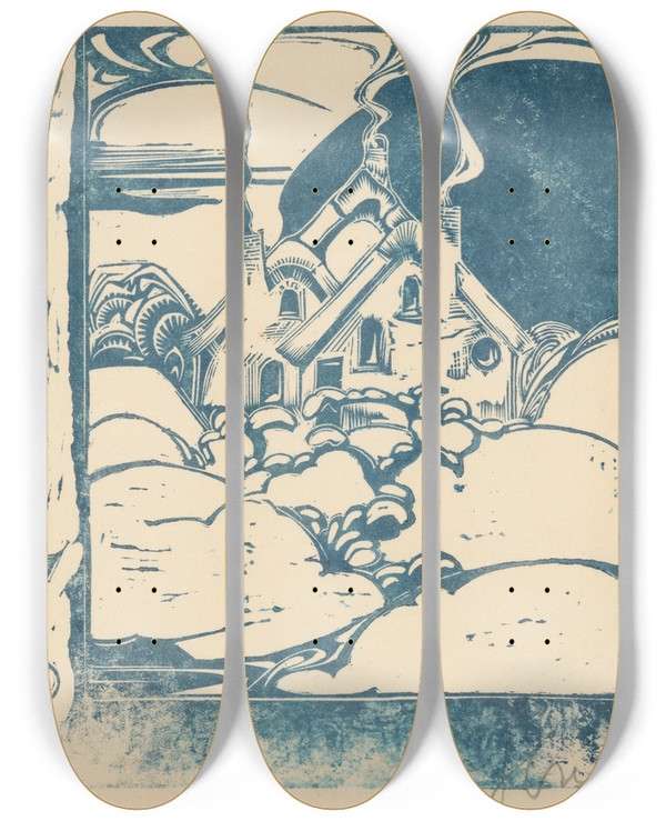 Triptych art skateboard deck of Jac Jongert Huis Met Rokende Schoorstenen In Heuvellandschap by Jac Jongert (1883-1942)