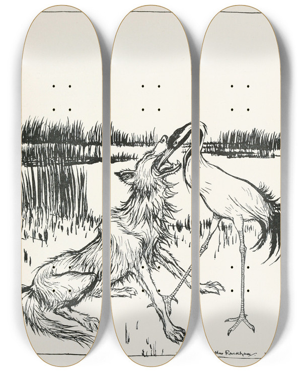 Triptych art skateboard deck of Arthur Rackham The Wolf And The Crane by Arthur Rackham (1867-1939)