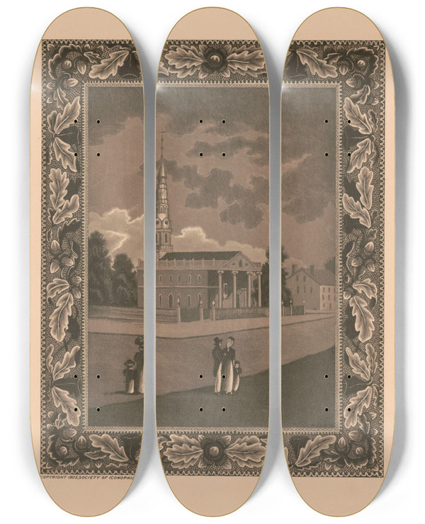 Triptych art skateboard deck of Charles Frederick William Mielatz St Pauls Chapel And The Rutherford House by Charles Frederick William Mielatz (1864-1919)